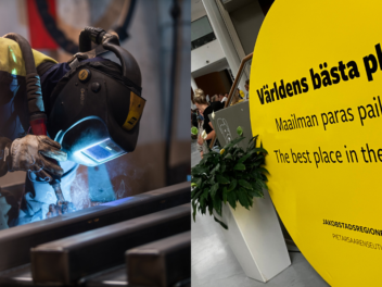 En sammansatt bild med en svetsare som svetsar stål och en bild på en stor gul boll med texten världens bästa plats