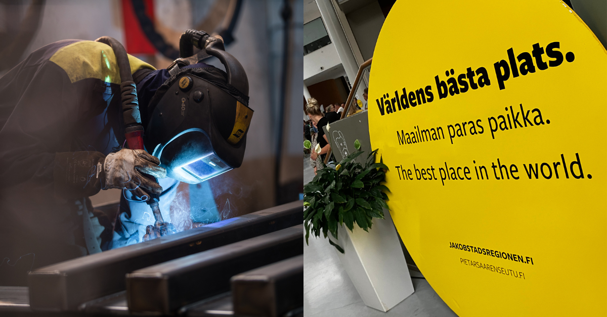 En sammansatt bild med en svetsare som svetsar stål och en bild på en stor gul boll med texten världens bästa plats